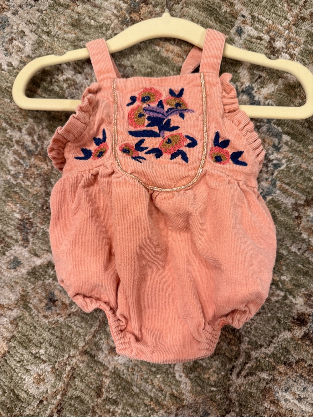 Louise Misha Peach Corduroy Floral-Embroidered Baby Romper 6M